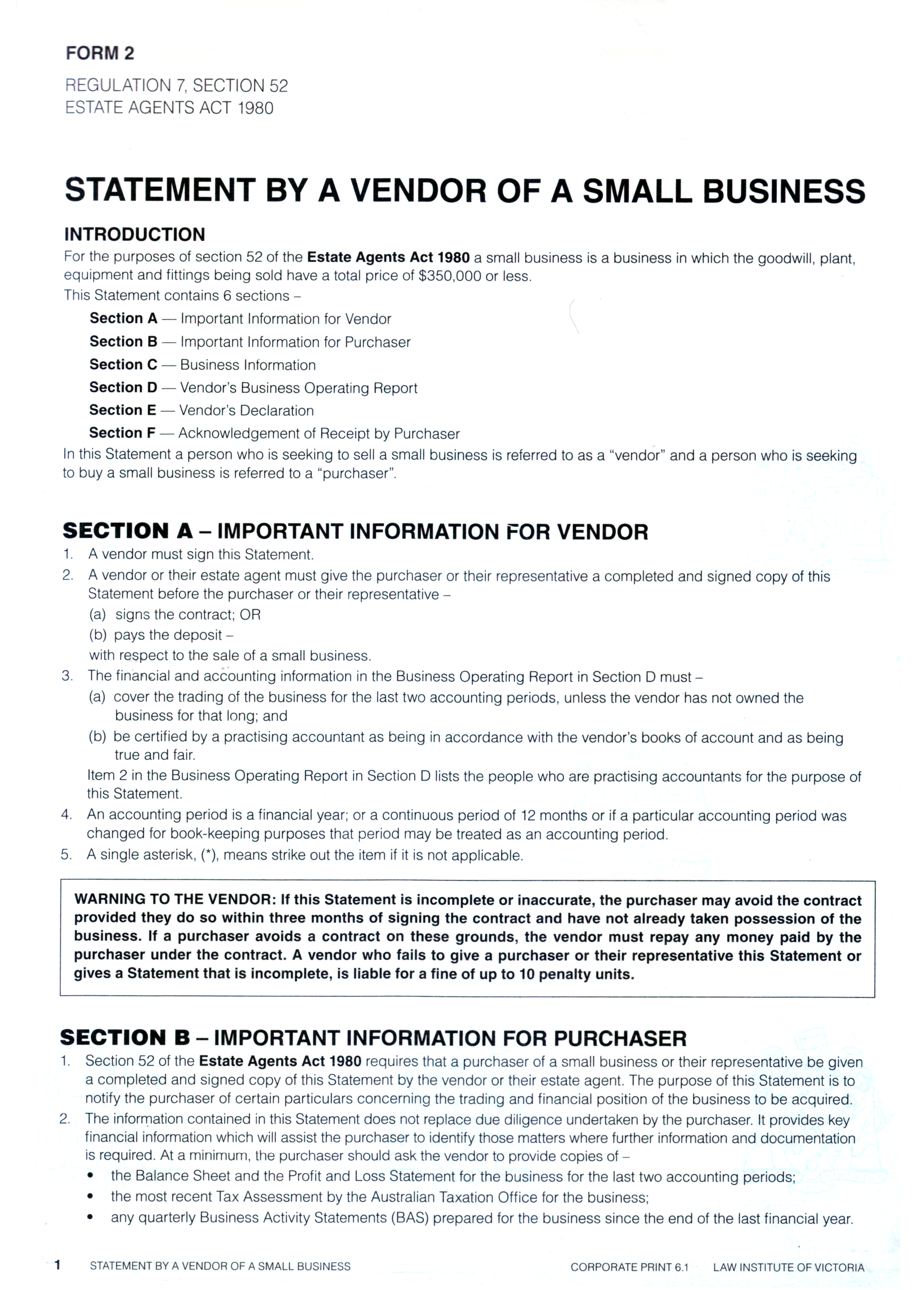 6.6 (Pack of 10) Statement of Vendor Small Business - Sect 5